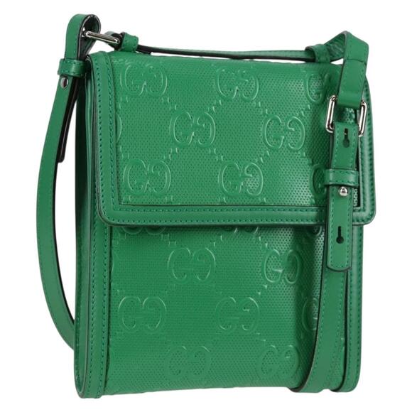 GUCCI GG Emboss Shoulder Bag Leather Green Silver - Picture 1 of 16